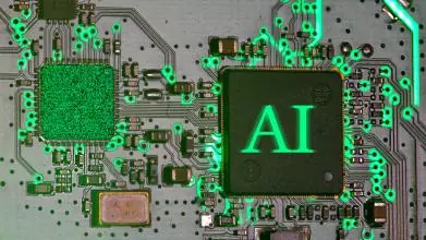 glowing ai chip on a circuit board